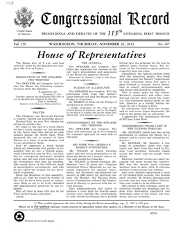 Congressional Record United States Th of America PROCEEDINGS and DEBATES of the 113 CONGRESS, FIRST SESSION