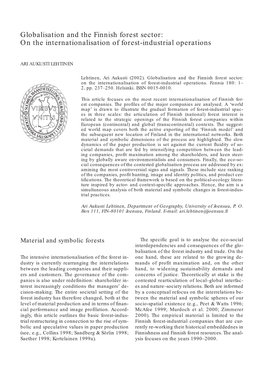 Globalisation and the Finnish Forest Sector: on the Internationalisation of Forest-Industrial Operations