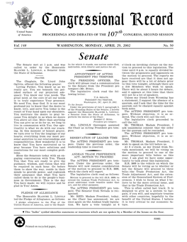 Congressional Record United States Th of America PROCEEDINGS and DEBATES of the 107 CONGRESS, SECOND SESSION