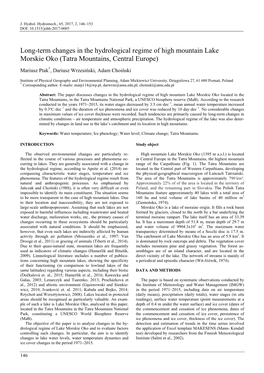 Long-Term Changes in the Hydrological Regime of High Mountain Lake Morskie Oko (Tatra Mountains, Central Europe)