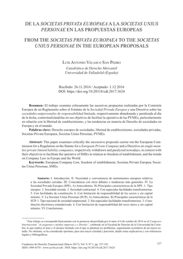 De La Societas Privata Europaea a La Societas Unius Personae En Las Propuestas Europeas