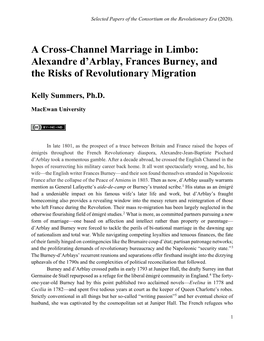 A Cross-Channel Marriage in Limbo: Alexandre D'arblay, Frances Burney, and the Risks of Revolutionary Migration
