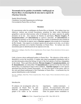 Taxonomía De Los Guabás (Arachnida: Amblypygi) En Puerto Rico Y La Descripción De Una Nueva Especie De Charinus Gravely