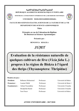 Vicia Faba L. ) Propres À La Région De Biskra À L’Égard Des Thrips (Thysanoptera : T Hripidae)