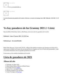 Ya Hay Ganadores De Los Grammy 2021 (+ Lista)