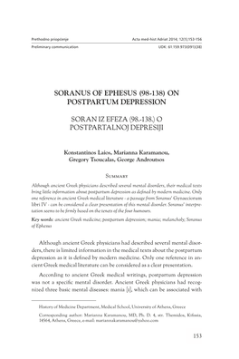 Soranus of Ephesus (98-138) on Postpartum Depression