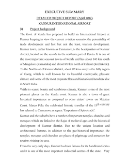 EXECUTIVE SUMMARY DETAILED PROJECT REPORT (April 2012) KANNUR INTERNATIONAL AIRPORT (I) Project Background the Govt