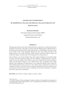 Governance Enforcement of Traditional Village and Official Village in Regency of Badung, Bali Hardiyanto Rahman