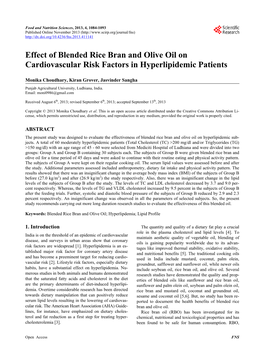 Effect of Blended Rice Bran and Olive Oil on Cardiovascular Risk Factors in Hyperlipidemic Patients