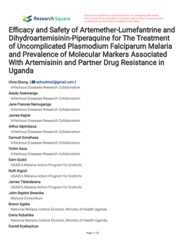 E Cacy and Safety of Artemether-Lumefantrine and Dihydroartemisinin-Piperaquine for the Treatment of Uncomplicated Plasmodium Fa