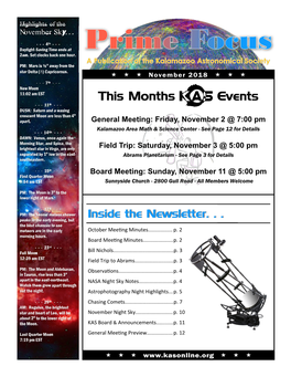 Prime Focus Page 2 November 2018 (January 19Th), Barry County Science Festival (March 23Rd), Family Science Night (June 19Th), and a Perseids Party (August 10Th)