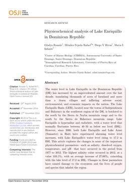 Physicochemical Analysis of Lake Enriquillo in Dominican Republic