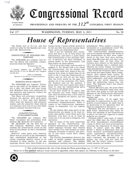 Congressional Record United States Th of America PROCEEDINGS and DEBATES of the 112 CONGRESS, FIRST SESSION