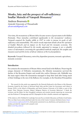 Monks, Laity and the Prospect of Self-Sufficiency: Souflar Metochi of Vatopedi Monastery1 Andreas Bouroutis Aristotle University of Thessaloniki Abouroutis@Gmail.Com