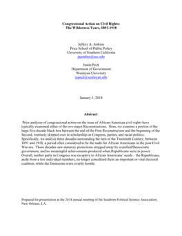 Congressional Action on Civil Rights: the Wilderness Years, 1891-1918