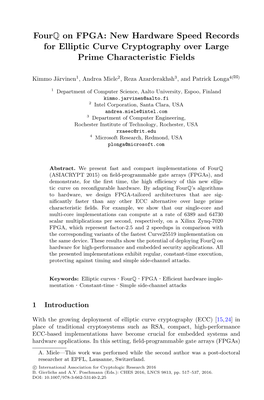 Fourq on FPGA: New Hardware Speed Records for Elliptic Curve Cryptography Over Large Prime Characteristic Fields