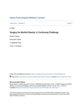 Surgery for Morbid Obesity: a Continuing Challenge