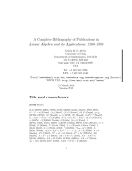 A Complete Bibliography of Publications in Linear Algebra and Its Applications: 1980–1989