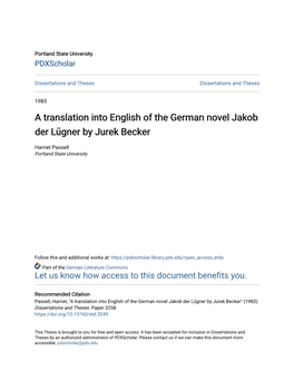 A Translation Into English of the German Novel Jakob Der Lügner By