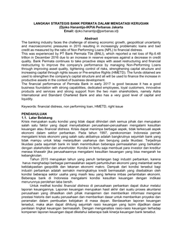 LANGKAH STRATEGIS BANK PERMATA DALAM MENGATASI KERUGIAN (Djoko Hanantijo-IKPIA Perbanas Jakarta Email: Djoko.Hanantijo@Perbanas.Id)