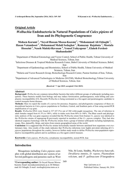 Wolbachia Endobacteria in Natural Populations of Culex Pipiens of Iran and Its Phylogenetic Congruence