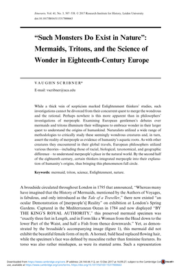 “Such Monsters Do Exist in Nature”: Mermaids, Tritons, and the Science of Wonder in Eighteenth-Century Europe