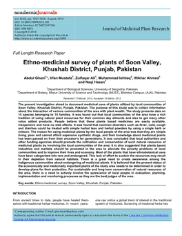 Ethno-Medicinal Survey of Plants of Soon Valley, Khushab District, Punjab, Pakistan