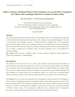 Ethno-Veterinary Medicinal Plants of the Catchments Area of the River Papagni in the Chittor and Ananthapur Districts of Andhra Pradesh, India