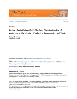 The Early Christian Basilica of Arethousa in Macedonia. I: Production, Consumption and Trade