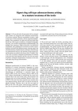 Signet Ring Cell-Type Adenocarcinoma Arising in a Mature Teratoma of the Testis