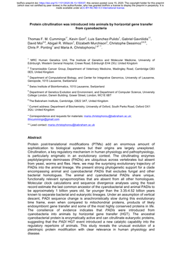 Protein Citrullination Was Introduced Into Animals by Horizontal Gene Transfer from Cyanobacteria