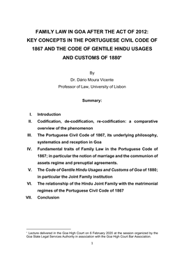 Family Law in Goa After the Act of 2012: Key Concepts in the Portuguese Civil Code of 1867 and the Code of Gentile Hindu Usages and Customs of 1880
