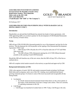 GOLD BRANDS INVESTMENTS LIMITED Incorporated in The