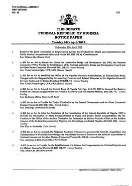 FEDERAL REPUBLIC of NIGERIA NOTICE PAPER Tuesday 24Th April 2012