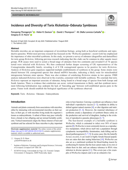 Incidence and Diversity of Torix Rickettsia–Odonata Symbioses