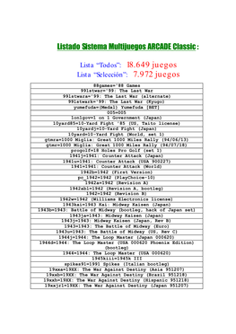 Listado Sistema Multijuegos ARCADE Classic