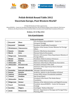Polish-British Round Table 2012 Uncertain Europe, Post-Western World?