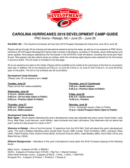 CAROLINA HURRICANES 2019 DEVELOPMENT CAMP GUIDE PNC Arena • Raleigh, NC • June 25 – June 29