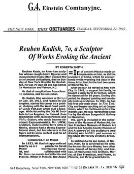 Reuben Kadish, 7O, a Sculptor of Works Evoking the Ancient