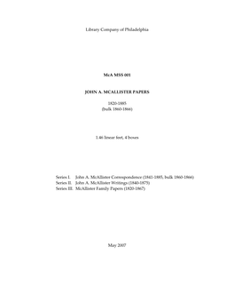 Library Company of Philadelphia Mca MSS 001 JOHN A. MCALLISTER