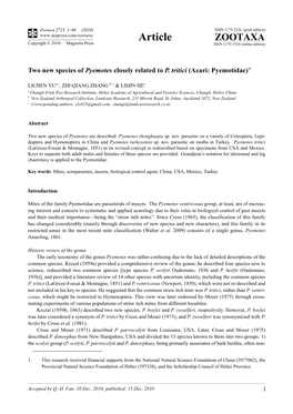 Two New Species of Pyemotes Closely Related to P. Tritici (Acari: Pyemotidae) 1