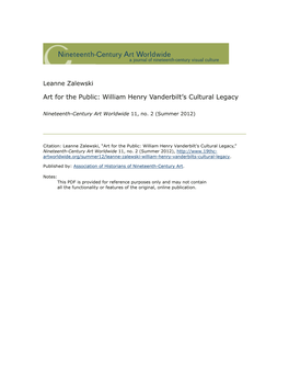 Art for the Public: William Henry Vanderbilt's Cultural Legacy