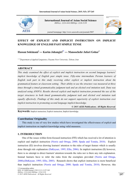 EFFECT of EXPLICIT and IMPLICIT INSTRUCTION on IMPLICIT KNOWLEDGE of ENGLISH PAST SIMPLE TENSE Hassan Soleimani1