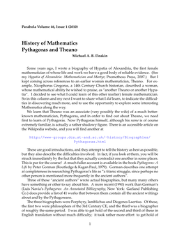 History of Mathematics Pythagoras and Theano Michael A