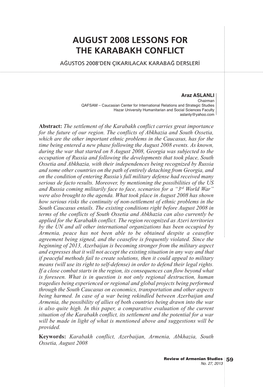 August 2008 Lessons for the Karabakh Conflict Ağustos 2008’Den Çikarilacak Karabağ Dersleri