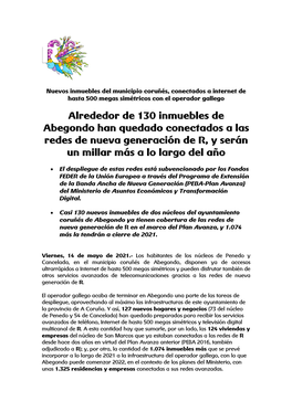 Alrededor De 130 Inmuebles De Abegondo Han Quedado Conectados a Las Redes De Nueva Generación De R, Y Serán Un Millar Más a Lo Largo Del Año