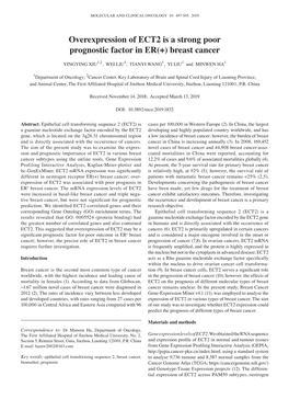 Overexpression of ECT2 Is a Strong Poor Prognostic Factor in ER (+