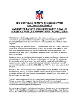 Vaccinated Fans to Win 50 Free Super Bowl Lvi Tickets As Part of Saturday Night Global Event