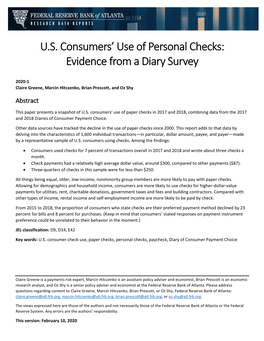 U.S. Consumers' Use of Personal Checks: Evidence from a Diary