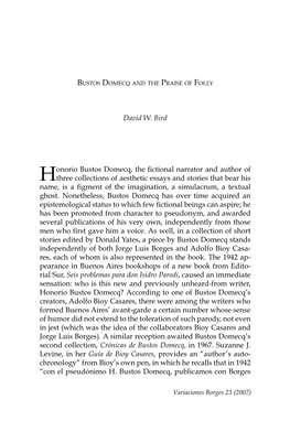 David W. Bird Honorio Bustos Domecq, the Fictional Narrator And